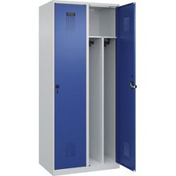 kaiserkraft Schwarz-Weiß-Spind Evolo PLUS, schmal, 2 Abteile, verkürzte Trennwand mittig, lichtgrau / enzianblau, B 800 mm, mit Bodengleitern,