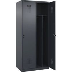 kaiserkraft Schwarz-Weiß-Spind Evolo PLUS, schmal, 2 Abteile, verkürzte Trennwand mittig, grau, B 800 mm, mit Bodengleitern, Sicherheits-Drehriegel