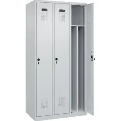 kaiserkraft Schwarz-Weiß-Spind Evolo PLUS, schmal, 3 Abteile, verkürzte Trennwand mittig, lichtgrau, B 900 mm, mit Bodengleitern, Sicherheits-Drehriegel