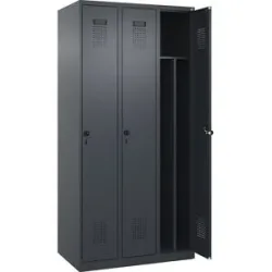 kaiserkraft Schwarz-Weiß-Spind Evolo PLUS, schmal, 3 Abteile, verkürzte Trennwand mittig, grau, B 900 mm, mit Bodengleitern, Sicherheits-Drehriegel
