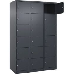 kaiserkraft 6er-Schließfachschrank Evolo PLUS, 3 Abteile, grau, B 1200 mm, 18 Fächer, mit Bodengleitern, Zylinderschloss