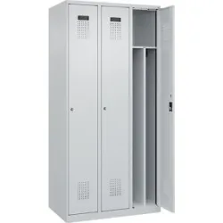 kaiserkraft Schwarz-Weiß-Spind Evolo PLUS, schmal, 3 Abteile, verkürzte Trennwand mittig, lichtgrau, B 900 mm, mit Bodengleitern, Zylinderschloss