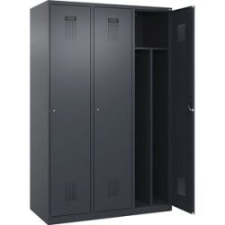 kaiserkraft Schwarz-Weiß-Spind Evolo PLUS, schmal, 3 Abteile, verkürzte Trennwand mittig, grau, B 1200 mm, mit Bodengleitern, Zylinderschloss