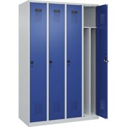 kaiserkraft Schwarz-Weiß-Spind Evolo PLUS, schmal, 4 Abteile, verkürzte Trennwand mittig, lichtgrau / enzianblau, B 1200 mm, mit Bodengleitern,
