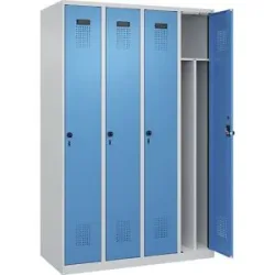 kaiserkraft Schwarz-Weiß-Spind Evolo PLUS, schmal, 4 Abteile, verkürzte Trennwand mittig, lichtgrau / lichtblau, B 1200 mm, mit Bodengleitern,