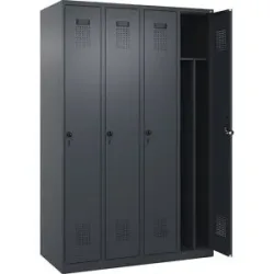 kaiserkraft Schwarz-Weiß-Spind Evolo PLUS, schmal, 4 Abteile, verkürzte Trennwand mittig, grau, B 1200 mm, mit Bodengleitern, Sicherheits-Drehriegel