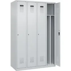 kaiserkraft Schwarz-Weiß-Spind Evolo PLUS, schmal, 4 Abteile, verkürzte Trennwand mittig, lichtgrau, B 1200 mm, mit Bodengleitern, Zylinderschloss