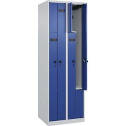 kaiserkraft Z-Spind Evolo PLUS, 2 Abteile, lichtgrau / enzianblau, B 600 mm, 4 Fächer, mit Bodengleitern, Sicherheits-Drehriegel