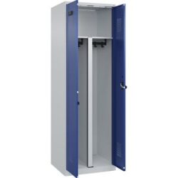 kaiserkraft Schwarz-Weiß-Spind Evolo PLUS, 1 Abteil, verkürzte Trennwand mittig, lichtgrau / enzianblau, B 600 mm, mit Bodengleitern, Sicherheits-Drehriegel