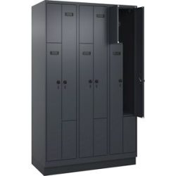 kaiserkraft Z-Spind Evolo PLUS, 3 Abteile, grau, B 1200 mm, 6 Fächer, mit Bodensockel, Sicherheits-Drehriegel