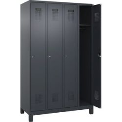 Spind Evolo PLUS, 4 Abteile, grau, B 1200 mm, mit breiten Füßen, Zylinderschloss C+P