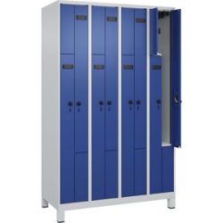 kaiserkraft Z-Spind Evolo PLUS, 4 Abteile, lichtgrau / enzianblau, B 1200 mm, 8 Fächer, mit breiten Füßen, Sicherheits-Drehriegel