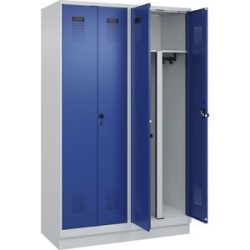 kaiserkraft Schwarz-Weiß-Spind Evolo PLUS, 2 Abteile, verkürzte Trennwand mittig, lichtgrau / enzianblau, B 1200 mm, mit Bodensockel, Sicherheits-Drehriegel