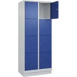 kaiserkraft 4er-Schließfachschrank Evolo PLUS, 2 Abteile, lichtgrau / enzianblau, B 800 mm, 8 Fächer, mit Bodensockel, Zylinderschloss