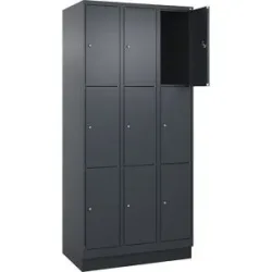 kaiserkraft 3er-Schließfachschrank Evolo PLUS, 3 Abteile, grau, B 900 mm, 9 Fächer, mit Bodensockel, Zylinderschloss