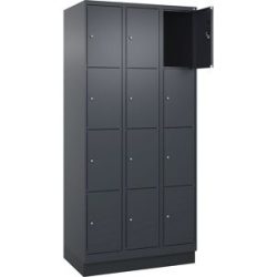 kaiserkraft 4er-Schließfachschrank Evolo PLUS, 3 Abteile, grau, B 900 mm, 12 Fächer, mit Bodensockel, Zylinderschloss