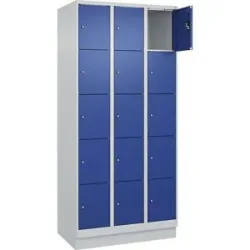 kaiserkraft 5er-Schließfachschrank Evolo PLUS, 3 Abteile, lichtgrau / enzianblau, B 900 mm, 15 Fächer, mit Bodensockel, Zylinderschloss
