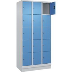 kaiserkraft 5er-Schließfachschrank Evolo PLUS, 3 Abteile, lichtgrau / lichtblau, B 900 mm, 15 Fächer, mit Bodensockel, Zylinderschloss