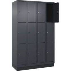 kaiserkraft 3er-Schließfachschrank Evolo PLUS, 4 Abteile, grau, B 1200 mm, 12 Fächer, mit Bodensockel, Zylinderschloss