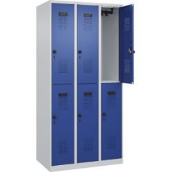 Doppelstock-Spind Evolo PLUS, 3 Abteile, lichtgrau / enzianblau, B 900 mm, mit Bodengleitern, Drehriegel C+P