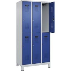 Doppelstock-Spind Evolo PLUS, 3 Abteile, lichtgrau / enzianblau, B 900 mm, mit breiten Füßen, Zylinderschloss C+P