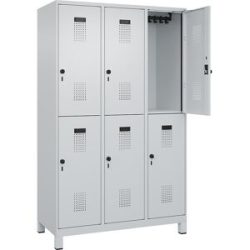 Doppelstock-Spind Evolo PLUS, 3 Abteile, lichtgrau, B 1200 mm, mit breiten Füßen, Drehriegel C+P