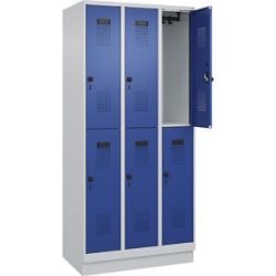 Doppelstock-Spind Evolo PLUS, 3 Abteile, lichtgrau / enzianblau, B 900 mm, mit Bodensockel, Drehriegel C+P