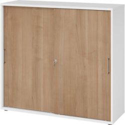 Schiebetürenschrank, Höhe 1100 mm, 2 Fachböden, weiß / Nussbaum-Dekor eurokraft pro