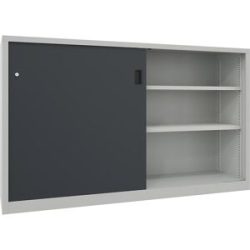Schwerlast-Schiebetürenschrank, Höhe 1200 mm, Vollblechtüren, BxT 2000 x 600 mm, mit Trennwand und 2 x 2 Fachböden, Tür anthrazit Pavoy