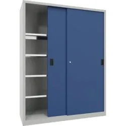 Schwerlast-Schiebetürenschrank, Höhe 1950 mm, Vollblechtüren, BxT 1500 x 600 mm, mit Trennwand und 2 x 4 Fachböden, Tür enzianblau Pavoy
