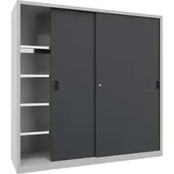Schwerlast-Schiebetürenschrank, Höhe 1950 mm, Vollblechtüren, BxT 2000 x 600 mm, mit Trennwand und 2 x 4 Fachböden, Tür anthrazit Pavoy
