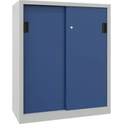 Schiebetürenschrank, Höhe 1200 mm, Vollblechtüren, BxT 1000 x 500 mm, mit 2 Fachböden, Tür enzianblau Pavoy