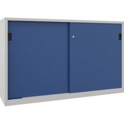Schiebetürenschrank, Höhe 1200 mm, Vollblechtüren, BxT 2000 x 500 mm, mit Trennwand und 2 x 2 Fachböden, Tür enzianblau Pavoy