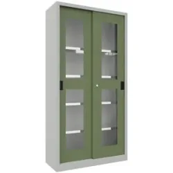 Schiebetürenschrank, Höhe 1950 mm, Sichtfenstertüren, BxT 1000 x 400 mm, mit 4 Fachböden, Tür resedagrün Pavoy