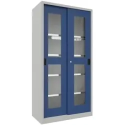 Schiebetürenschrank, Höhe 1950 mm, Sichtfenstertüren, BxT 1000 x 500 mm, mit 4 Fachböden, Tür enzianblau Pavoy