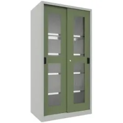Schiebetürenschrank, Höhe 1950 mm, Sichtfenstertüren, BxT 1000 x 600 mm, mit 4 Fachböden, Tür resedagrün Pavoy