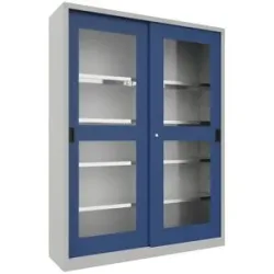 Schiebetürenschrank, Höhe 1950 mm, Sichtfenstertüren, BxT 1500 x 400 mm, mit Trennwand und 2 x 4 Fachböden, Tür enzianblau Pavoy