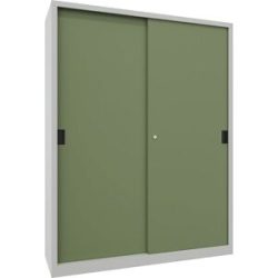 Schiebetürenschrank, Höhe 1950 mm, Vollblechtüren, BxT 1500 x 500 mm, mit Trennwand und 2 x 4 Fachböden, Tür resedagrün Pavoy