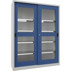 Schiebetürenschrank, Höhe 1950 mm, Sichtfenstertüren, BxT 1500 x 500 mm, mit Trennwand und 2 x 4 Fachböden, Tür enzianblau Pavoy