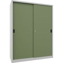 Schiebetürenschrank, Höhe 1950 mm, Vollblechtüren, BxT 1500 x 600 mm, mit Trennwand und 2 x 4 Fachböden, Tür resedagrün Pavoy
