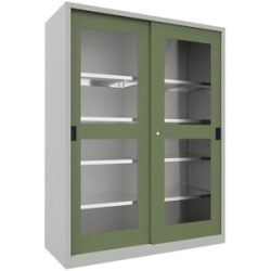 Schiebetürenschrank, Höhe 1950 mm, Sichtfenstertüren, BxT 1500 x 600 mm, mit Trennwand und 2 x 4 Fachböden, Tür resedagrün Pavoy