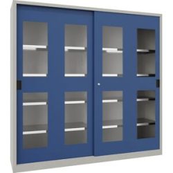 Schiebetürenschrank, Höhe 1950 mm, Sichtfenstertüren, BxT 2000 x 400 mm, mit Trennwand und 2 x 4 Fachböden, Tür enzianblau Pavoy
