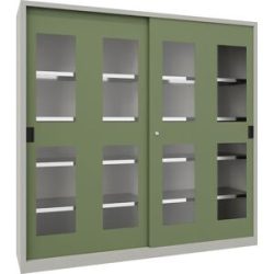 Schiebetürenschrank, Höhe 1950 mm, Sichtfenstertüren, BxT 2000 x 400 mm, mit Trennwand und 2 x 4 Fachböden, Tür resedagrün Pavoy
