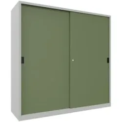 Schiebetürenschrank, Höhe 1950 mm, Vollblechtüren, BxT 2000 x 600 mm, mit Trennwand und 2 x 4 Fachböden, Tür resedagrün Pavoy