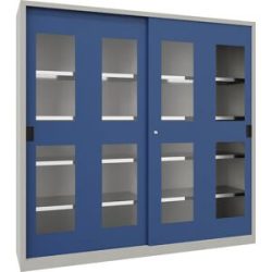 Schiebetürenschrank, Höhe 1950 mm, Sichtfenstertüren, BxT 2000 x 600 mm, mit Trennwand und 2 x 4 Fachböden, Tür enzianblau Pavoy