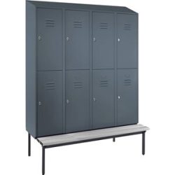 Doppelstock-Spind Berlin 2 Sitzbank, 4 Abteile, blaugrau, Breite 1600 mm, schräge Dachform Wolf