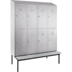 Doppelstock-Spind Berlin 2 Sitzbank, 4 Abteile, lichtgrau, Breite 1600 mm, schräge Dachform Wolf