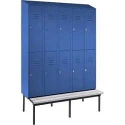 Doppelstock-Spind Berlin 2 Sitzbank, 5 Abteile, lichtblau, Breite 1500 mm, schräge Dachform Wolf