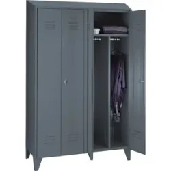 Schwarz-Weiß-Spind Berlin 2, Trennwand mittig, 2 Abteile, blaugrau, Breite 1200 mm, schräge Dachform Wolf