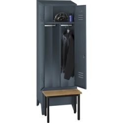 Schwarz-Weiß-Spind Berlin 2 mit Sitzbank, Trennwand mittig, 1 Abteil, blaugrau, B 600 mm, vorgebaut, Buchenholz, Schrägdach Wolf